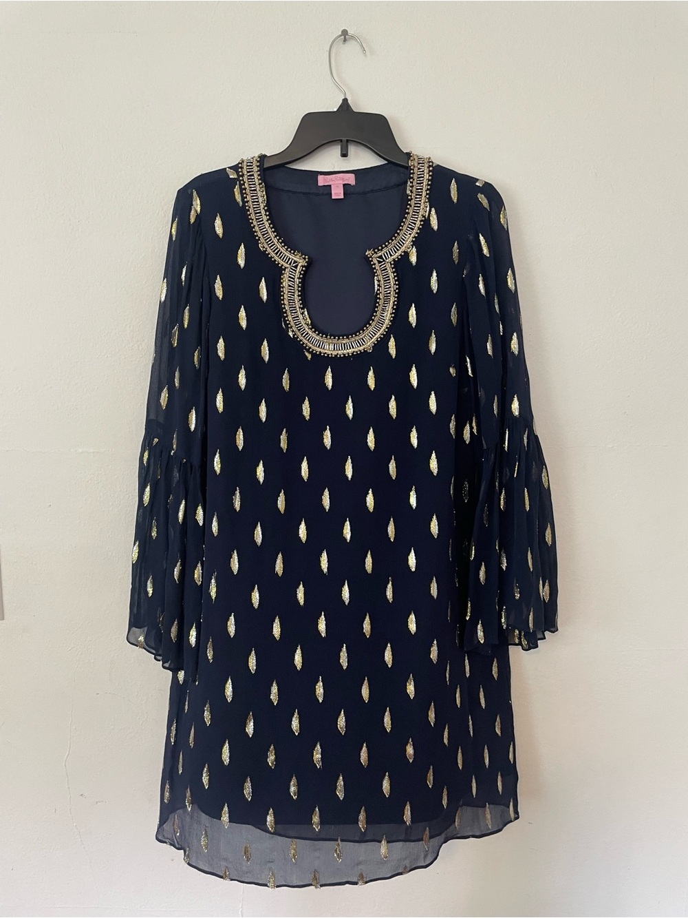 Lilly Pulitzer Navy Shift Dress with Gold Foil Motif